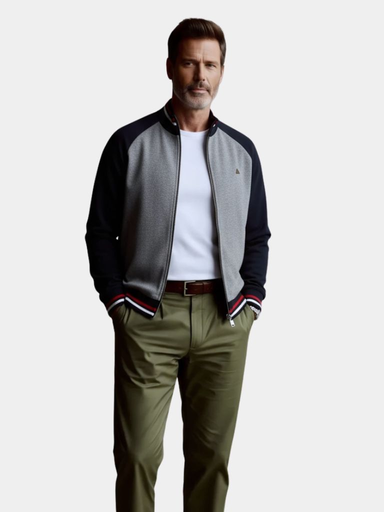 Zipper Block Standing Collar Cardigan Sweater