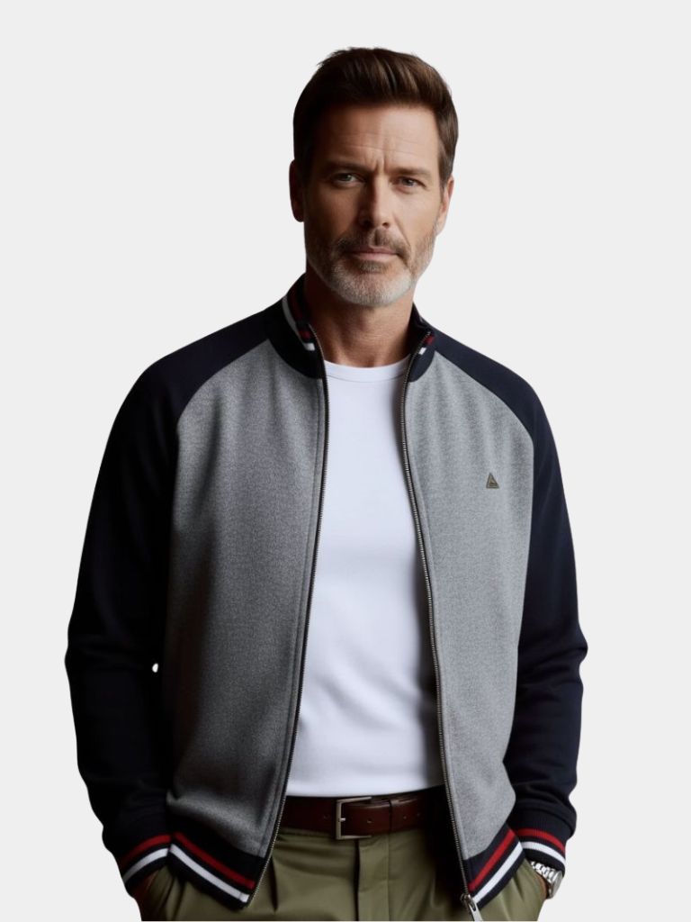 Zipper Block Standing Collar Cardigan Sweater