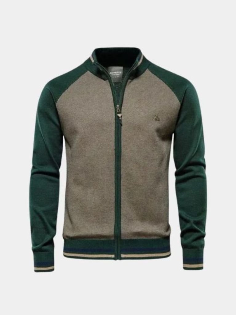 Zipper Block Standing Collar Cardigan Sweater