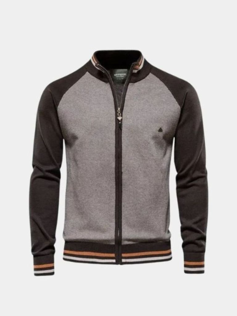 Zipper Block Standing Collar Cardigan Sweater